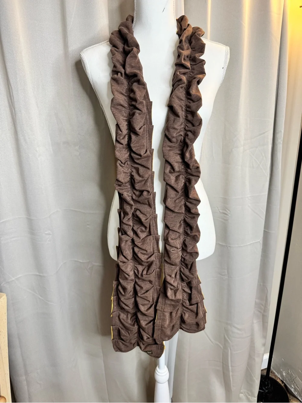 Matilda Jane Chocolate Brown Ruffle Jersey Scarf Mustard Reverse 7x85 Boho